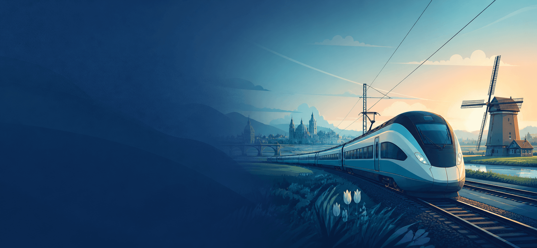 Illustratie van een internationale trein door een Nederlands en Europees landschap