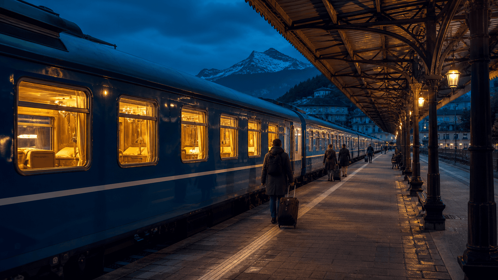 Nachttrein aan een Europees station in de avond